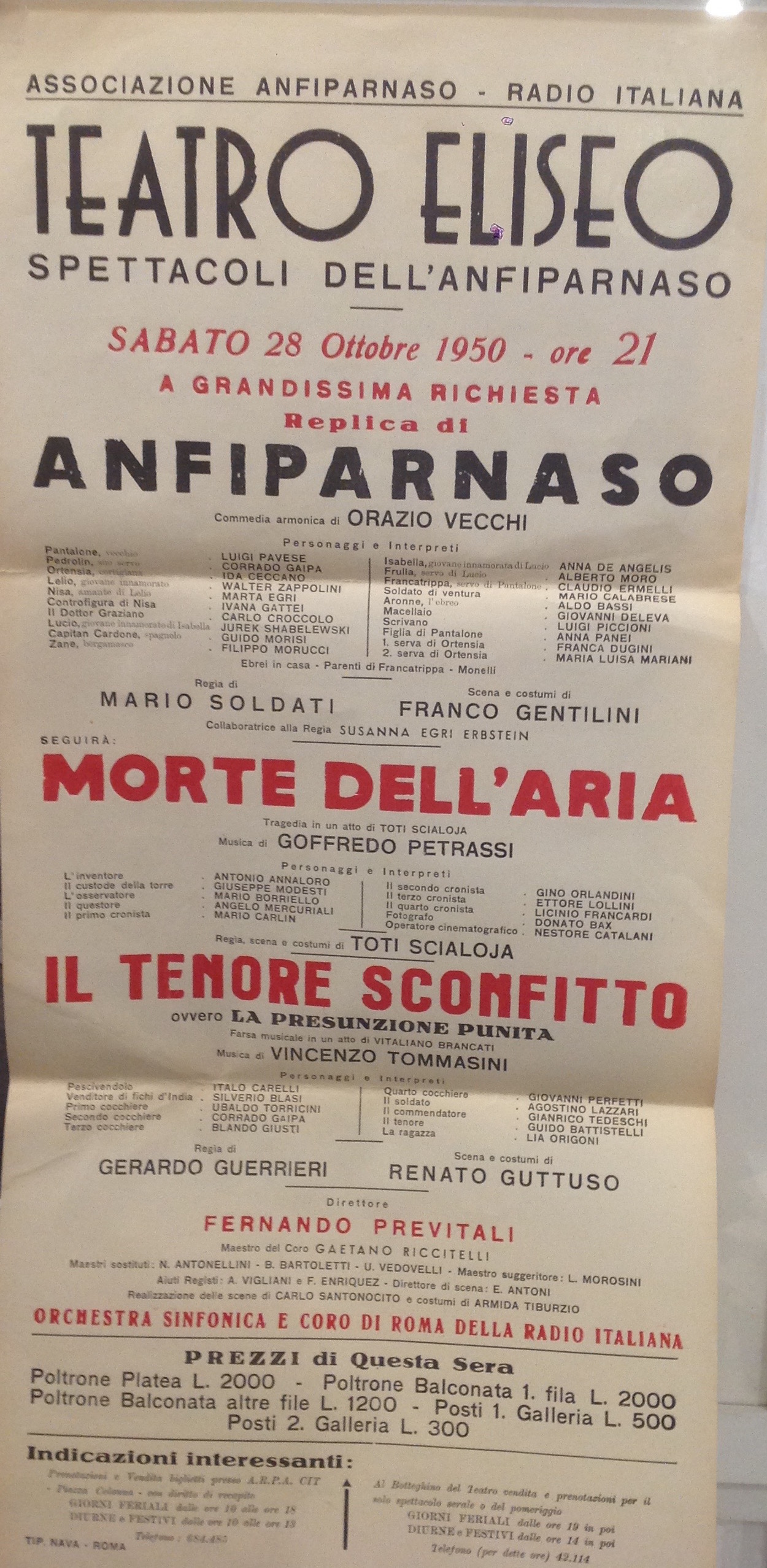 Manifesto Teatro Eliseo spettacoli dell'anfiparnaso 28 ottobre 1950  Anfiparnaso-Morte dell'aria- Il tenore sconfitto ovvero la presunzione  sconfitta. – il museo del louvre